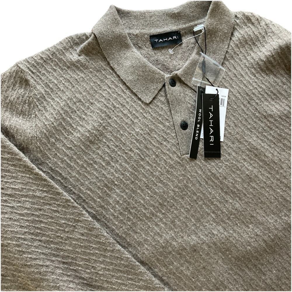 Tahari Mens Wool Blend Collared Sweater Sz M New Brown Long‎ Sleeve Fisherman